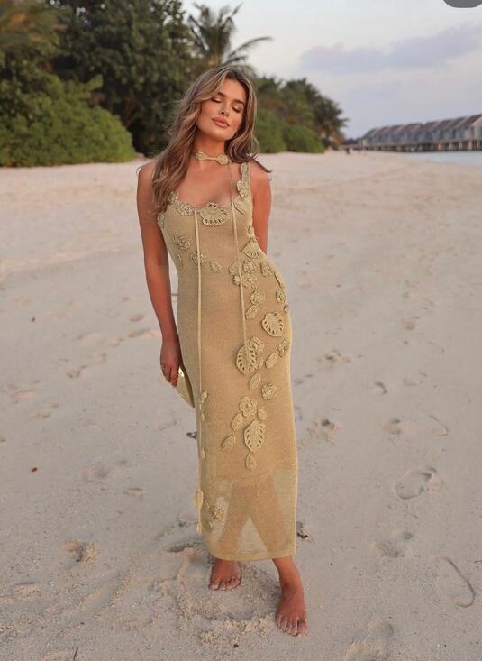 cult gaia Dresses & Skirts - Cult Gaia Pemma Crochet Coverup Dress in Gold Knit Size Small
